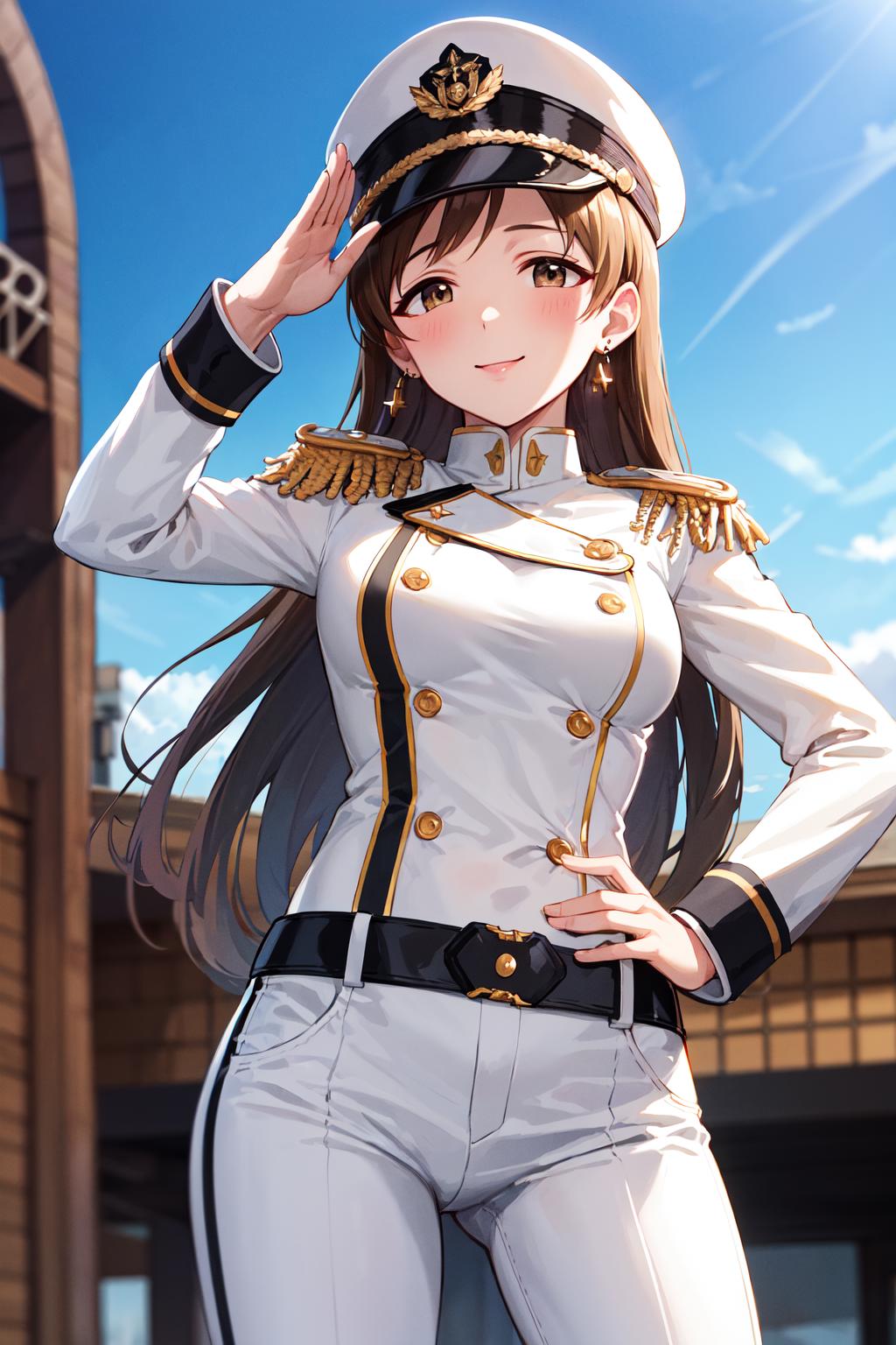 Anime schoolgirl in naval uniform at sunset on Craiyon
